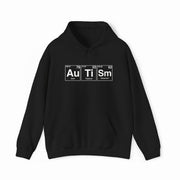 The Autism Periodic Table Hoodie is a black cotton-polyester blend with Au, Ti, and Sm spelled out in white on the chest. A must-have for science fans and Illegal Shirts collectors.
