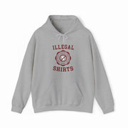 The Illegal Shirts Emblem Hoodie is a gray hoodie with a front pocket, bold red “ILLEGAL SHIRTS” text, and a striking red circular emblem—ideal for anyone who loves funny shirts with attitude.