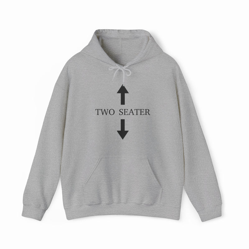 The Two Seater Hoodie is light gray, made from medium-heavy fabric, with "TWO SEATER" in black on the chest, flanked by a black upward arrow above and a black downward arrow below.