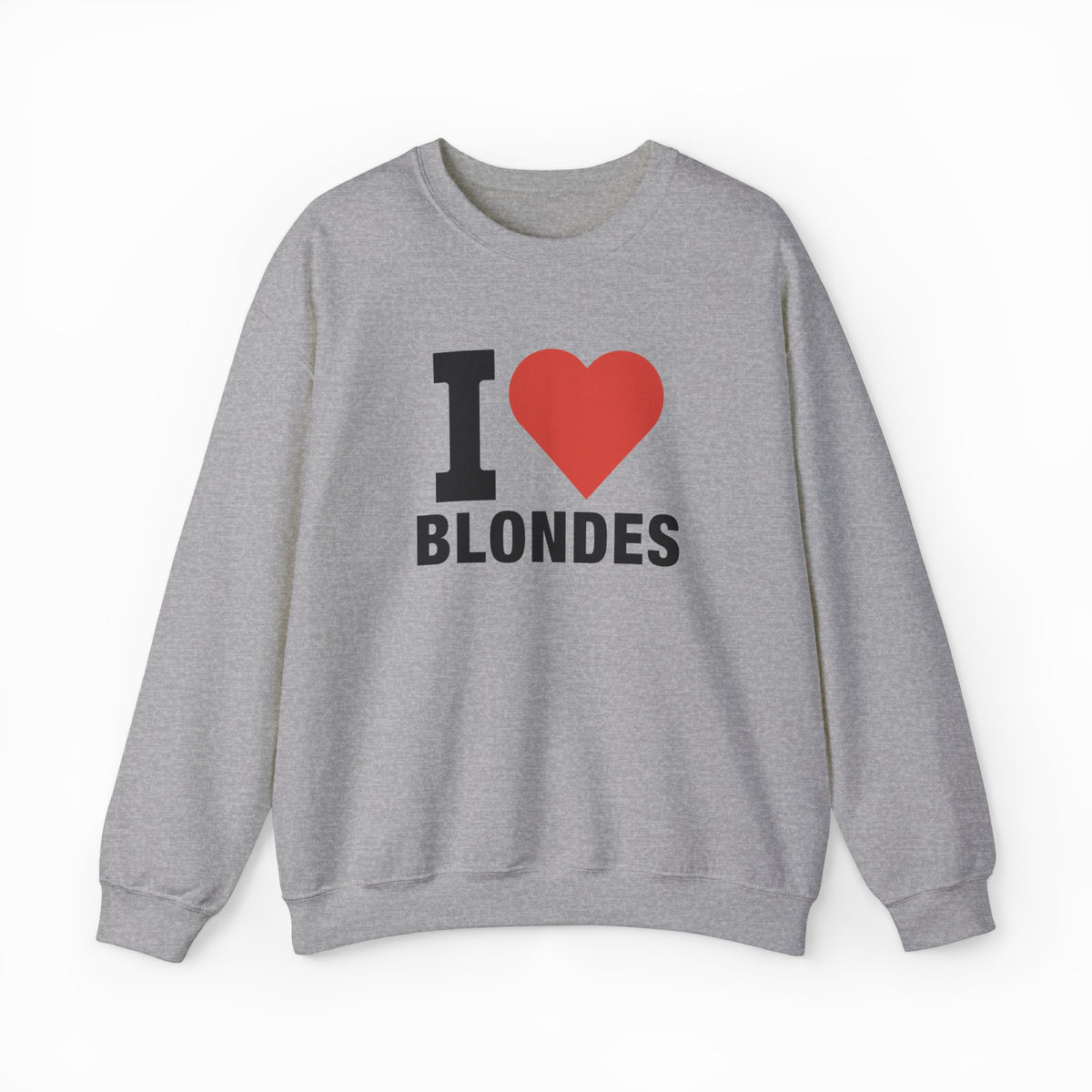The I Heart Blondes Crewneck is a gray cotton-polyester sweatshirt with bold black lettering and a red heart on the front. Part of the Illegal Shirts collection, it's an eye-catching piece for anyone who loves standout style.