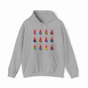 A gray Certified Pedophile Hoodie in medium-heavy fabric, featuring a grid of twelve cartoon meditating figures with red and white heads, each in colorful robes. Part of our exclusive Illegal Shirts collection.