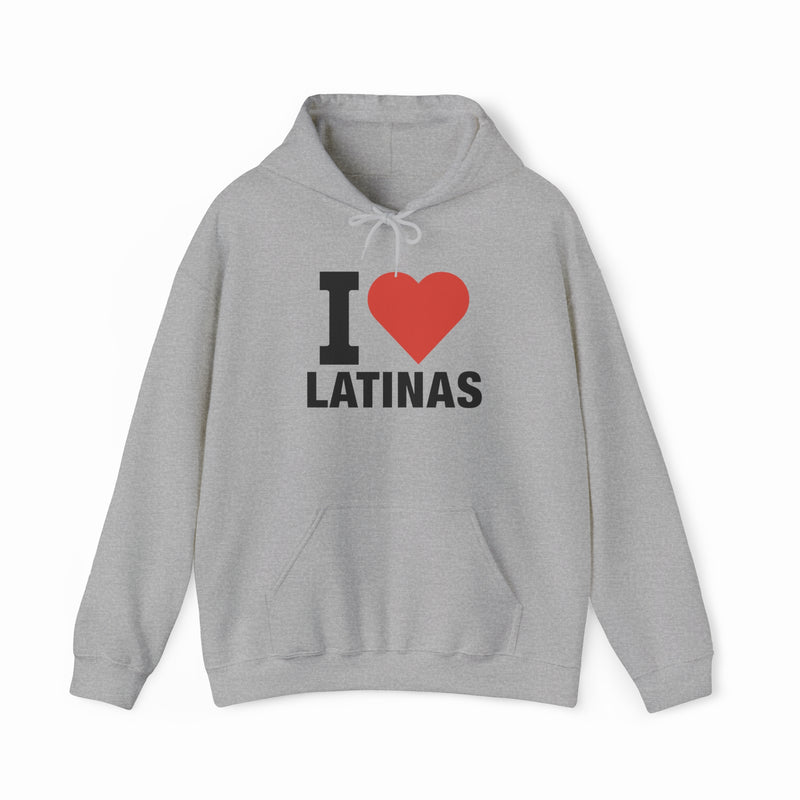 The I Heart Latinas Hoodie from Illegal Shirts is a gray, medium-heavy hooded sweatshirt featuring “I ❤️ LATINAS” on the front in bold black letters with a red heart.
