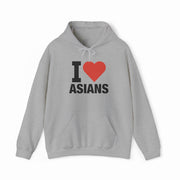 The I Heart Asians Hoodie is a gray, medium-heavy hoodie with "I Heart Asians" in bold and a red heart symbol. Part of our exclusive Illegal Shirts collection, it stands out with its unique design.