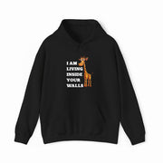 The I Am Living Inside Your Walls Hoodie is a black cotton-polyester blend with a cartoon giraffe and bold white text, part of the quirky Illegal Shirts collection.