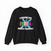 The I Fucking Love Chinese Chemicals Crewneck is a black sweatshirt featuring “I FUCKING LOVE CHINESE CHEMICALS” text and colorful vape pens on a blue electric burst—ideal for fans of bold, funny shirts with an edgy style.