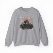 The Where TF Is My Foreskin Crewneck features a gray, medium-heavy fabric with a bold skull holding guns and the text: OH YEAH? YOUR BODY YOUR CHOICE?? SO TELL ME THEN WHERE TF IS MY FORESKIN? Part of the Illegal Shirts collection.