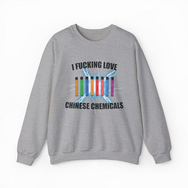 The I Fucking Love Chinese Chemicals Crewneck is a gray sweatshirt with colorful vape pens and lightning bolts graphic, plus bold text. Ideal for Illegal Shirts fans or anyone wanting a funny shirt that makes a statement.