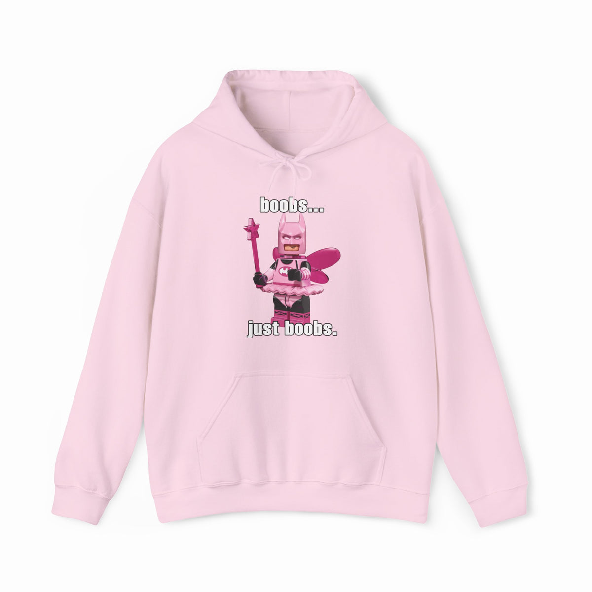 The Boobs... Just Boobs. Hoodie features a light pink LEGO-inspired armored figure with bold chest details and the phrase "boobs... just boobs" above and below. This cotton-polyester sweatshirt is an iconic Illegal Shirts design.