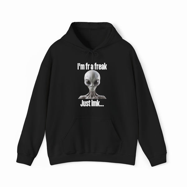 The "I'm FR A Freak Just LMK... Hoodie" is a black hoodie with a gray alien head graphic, white quirky text, and medium-heavy fabric—perfect for fans of unique Illegal Shirts style.