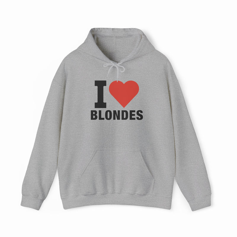The I Heart Blondes Hoodie by Illegal Shirts is a light gray cotton-polyester blend with a front pocket, drawstring hood, and "I ♥ BLONDES" printed in black and red on the chest.