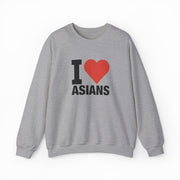 The I Heart Asians Crewneck by Illegal Shirts is a gray sweatshirt featuring "I Heart Asians" on the front with a red heart symbol. Made from medium-heavy fabric, it offers comfort and durability.