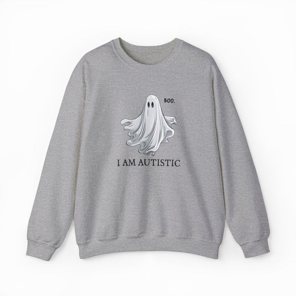 The Boo, I Am Autistic Crewneck is a gray cotton-poly blend shirt featuring a cartoon ghost with "BOO." above and "I AM AUTISTIC" below, all centered on the front. Show your spirit with this unique design.