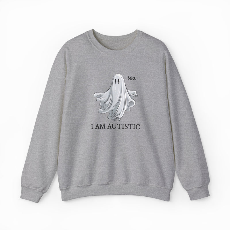 The Boo, I Am Autistic Crewneck is a gray cotton-poly blend shirt featuring a cartoon ghost with "BOO." above and "I AM AUTISTIC" below, all centered on the front. Show your spirit with this unique design.