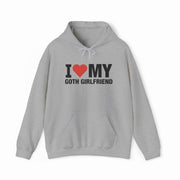 A gray I Heart My Goth Girlfriend Hoodie with bold black and red "I ♥ MY GOTH GIRLFRIEND" text—perfect for showing love with a touch of Illegal Shirts style.