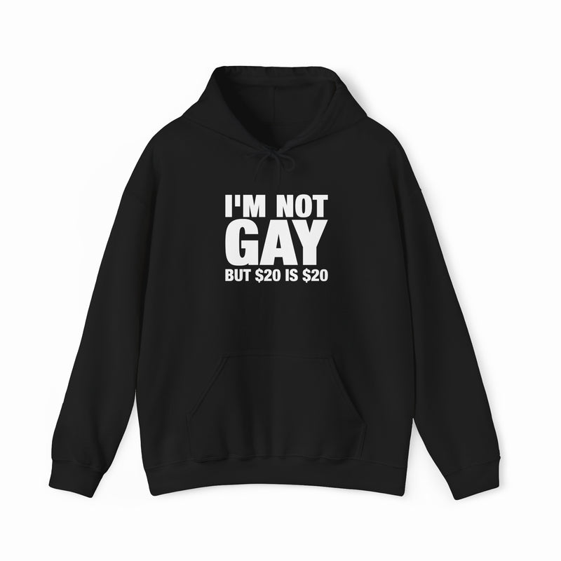 The "I'm Not Gay But $20 Is $20 Hoodie" features bold white text on a black hoodie, offering a funny and stylish choice for fans of humorous graphic apparel.