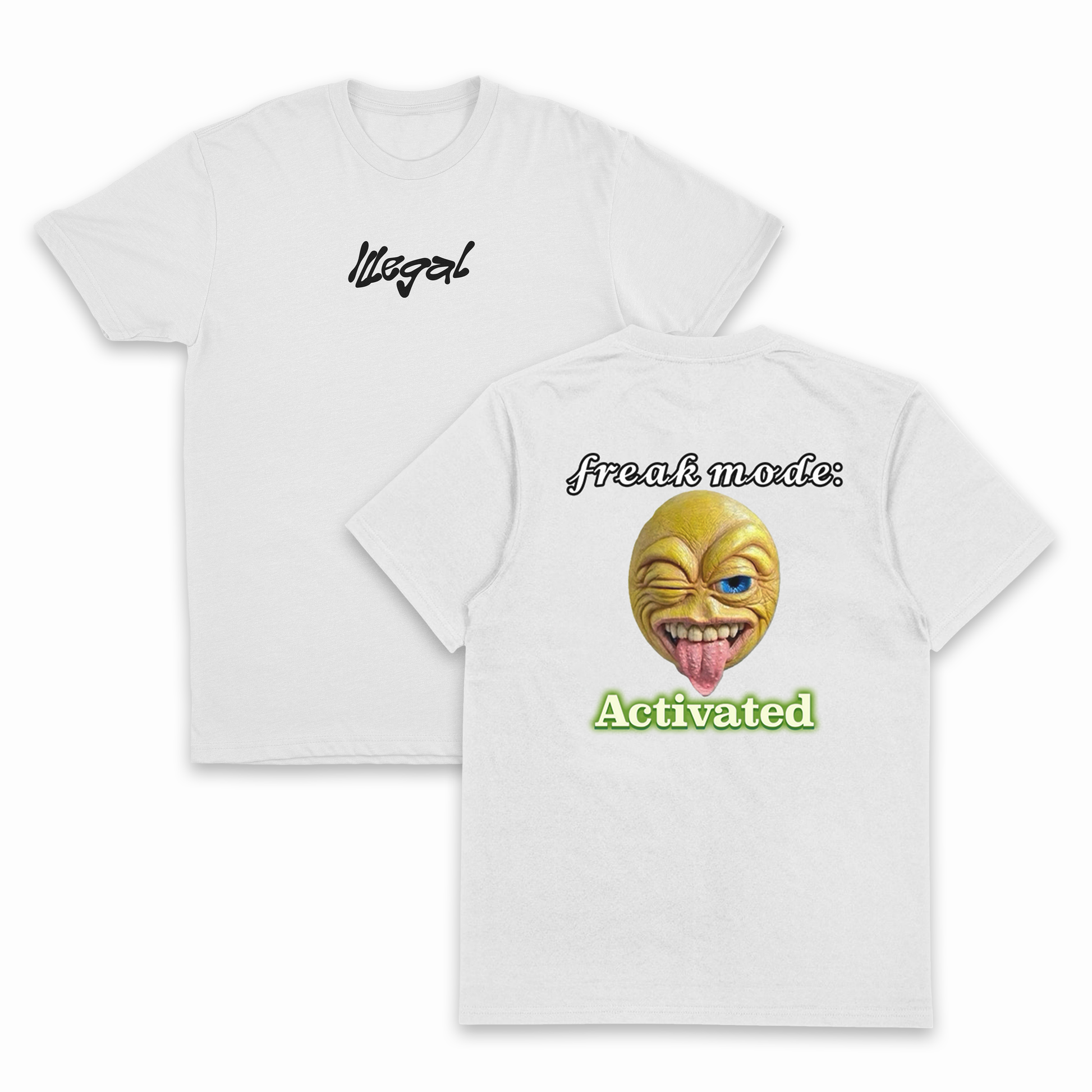 The Freak Mode Activated T-Shirt (Backprint) is a white tee made from ethically grown cotton, featuring a yellow face design and a comfortable 175 GSM weight.