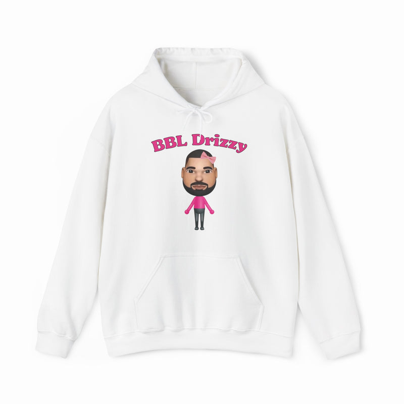 The BBL Drizzy Hoodie is a white cotton-polyester blend featuring a cartoon character, ideal for fans of Illegal Shirts and BBL Drizzy.
