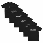 The Mega Meme 6–Pack features six black Illegal Shirts made of soft combed ring-spun cotton, each with bold and humorous white slogans. Arranged diagonally on a white background, the overlapping prints remain striking and eye-catching.