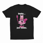 The Boobs... Just Boobs. T-Shirt features a black tee with a pink LEGO-style ballerina Batgirl holding a wand and the text "boobs... just boobs."—a fun statement shirt for fans of unique and humorous designs.