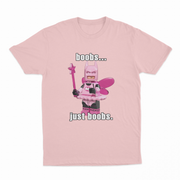 The "Boobs... Just Boobs. T-Shirt" is a pink tee with a LEGO-style Batman in a pink fairy costume, wings, and wand. Features bold text above and below the figure. Ideal for fans of humorous statement shirts!.
