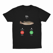 Black t-shirt with a fish illustration and phone interface design on a white background