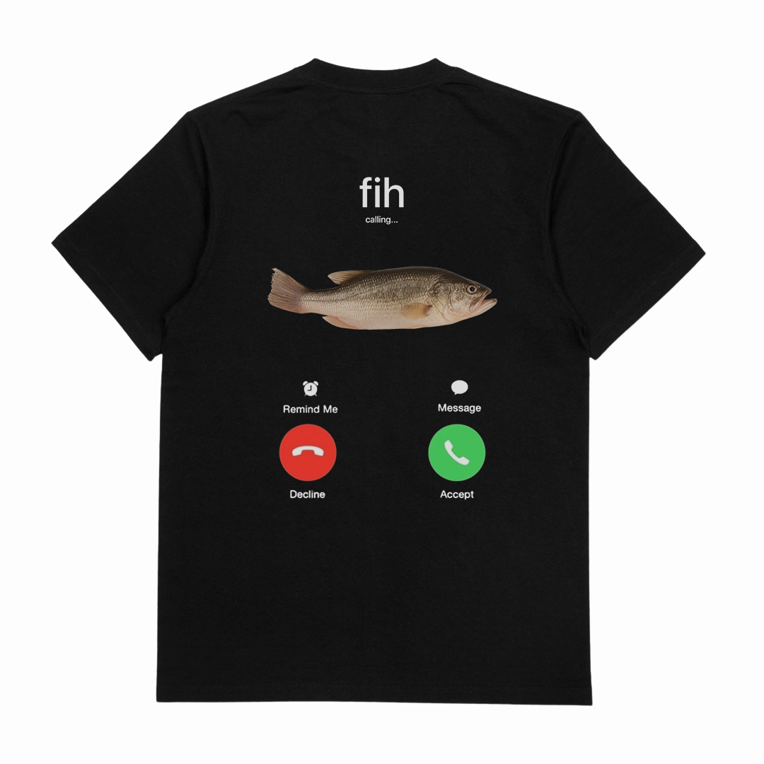 The Fih Phone Call T-Shirt (Backprint) is a black cotton tee with a fish and "fih" above, styled like a phone call screen, made from ethically grown cotton at 175 GSM for comfort.