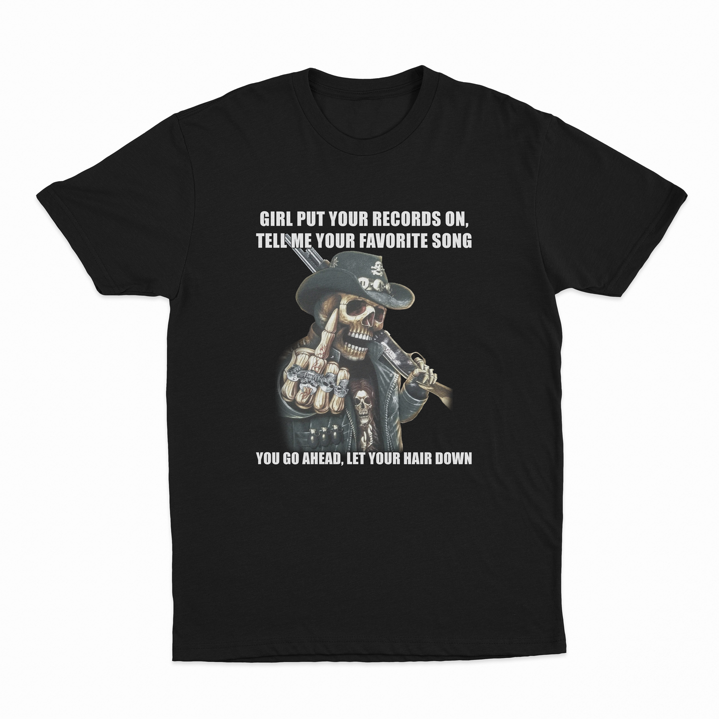 Black t-shirt with a graphic of a skeleton wearing a hat and sunglasses, with text on a white background.