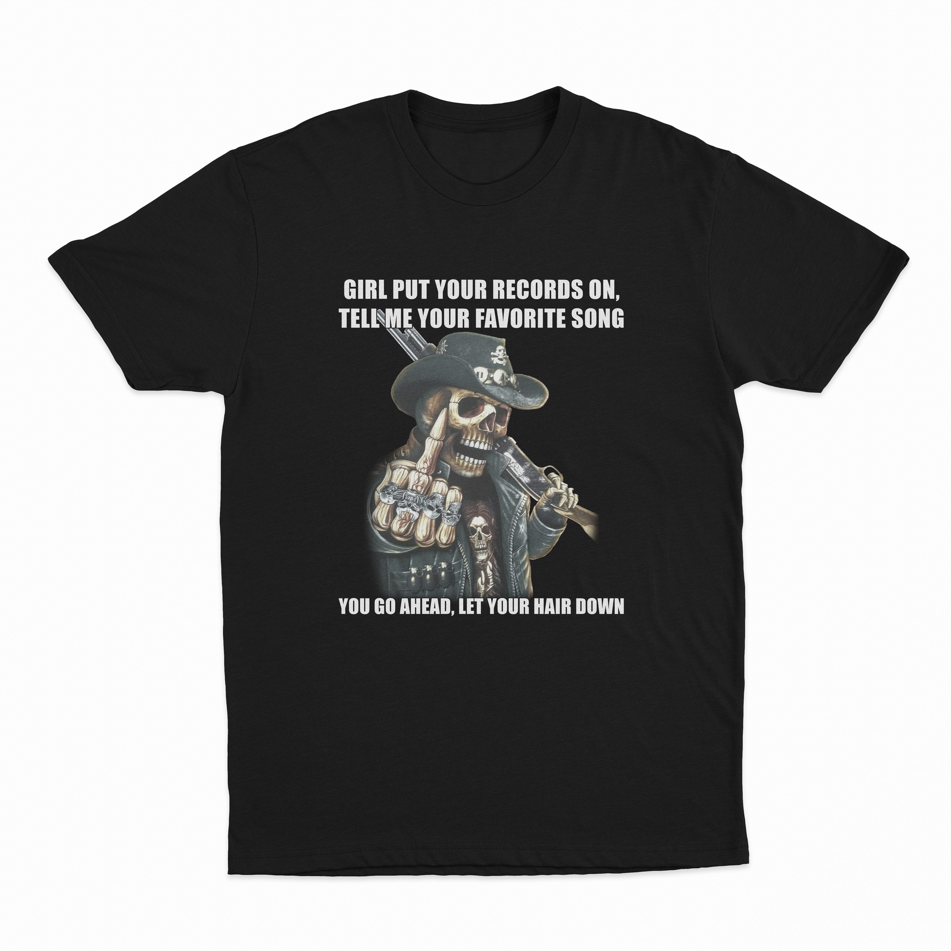 Black t-shirt with a graphic of a skeleton wearing a hat and sunglasses, with text on a white background.