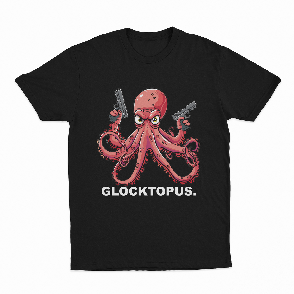 The Glocktopus T-Shirt showcases a cartoon octopus with pistols and an angry look, plus “GLOCKTOPUS.” printed underneath—perfect for fans of quirky, bold designs.