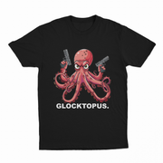 The Glocktopus T-Shirt showcases a cartoon octopus with pistols and an angry look, plus “GLOCKTOPUS.” printed underneath—perfect for fans of quirky, bold designs.