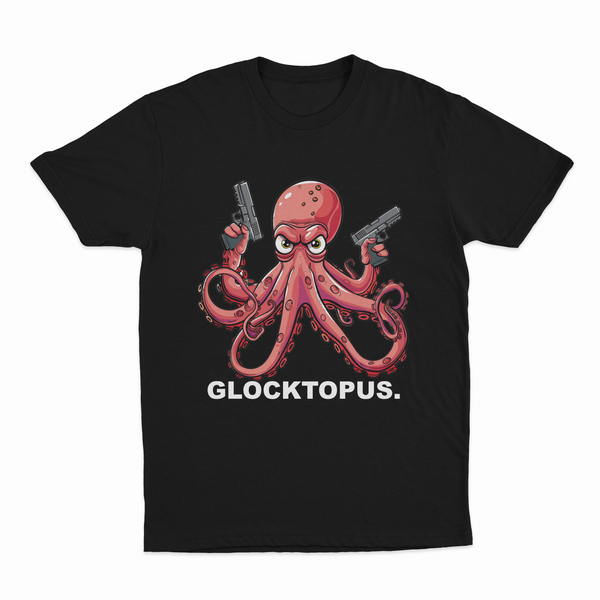 The Glocktopus T-Shirt showcases a cartoon octopus with pistols and an angry look, plus “GLOCKTOPUS.” printed underneath—perfect for fans of quirky, bold designs.
