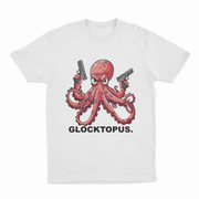 The Glocktopus T-Shirt is a white tee with a cartoon red octopus holding pistols and an angry look. "GLOCKTOPUS." is printed in bold black letters below—perfect for fans of funny shirts and the iconic Glocktopus design.