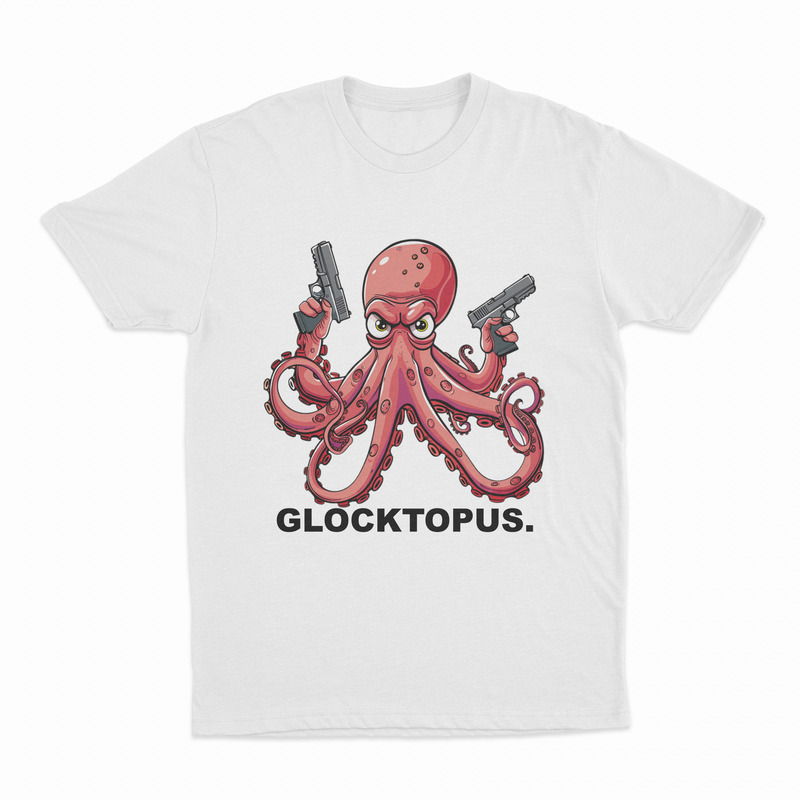 The Glocktopus T-Shirt is a white tee with a cartoon red octopus holding pistols and an angry look. "GLOCKTOPUS." is printed in bold black letters below—perfect for fans of funny shirts and the iconic Glocktopus design.