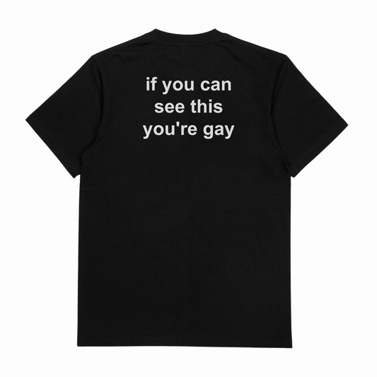 The If You Can See This You're Gay T-Shirt (Backprint) is a black cotton tee with white text on the back that says, "if you can see this youre gay," made from ethically grown cotton.