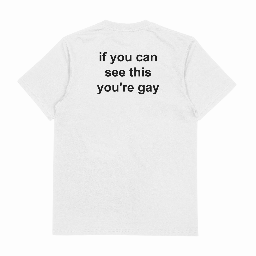 The If You Can See This You're Gay T-Shirt (Backprint) is a white, ethically grown cotton tee with durable 175 GSM fabric and black text on the back: "if you can see this youre gay.