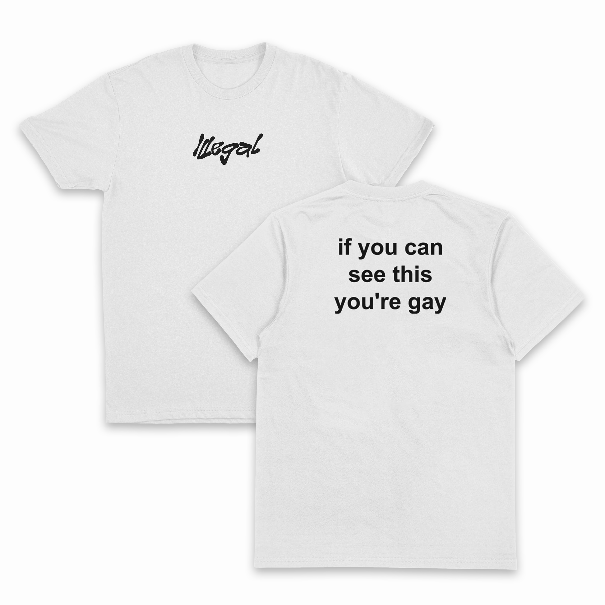 Two white t-shirts with black text on a white background