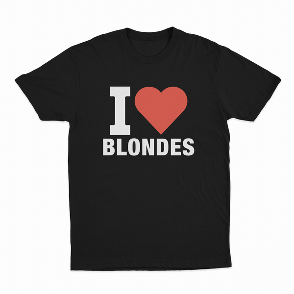 The I Heart Blondes T-Shirt has bold white lettering, a red heart, and is made from 100% combed ring-spun cotton for comfort and style.