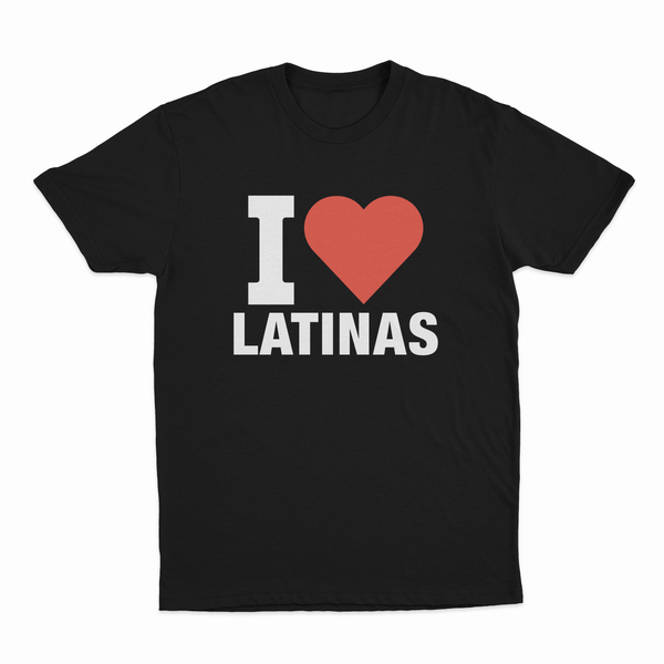 The I Heart Latinas T-Shirt features "I ♥ LATINAS" in white with a red heart on the front, crafted from ethically grown cotton for comfort and style.