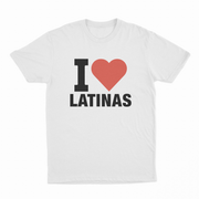 The I Heart Latinas T-Shirt is a white tee featuring a red heart and black text, made from ethically grown cotton. Show your style with this iconic shirt!.