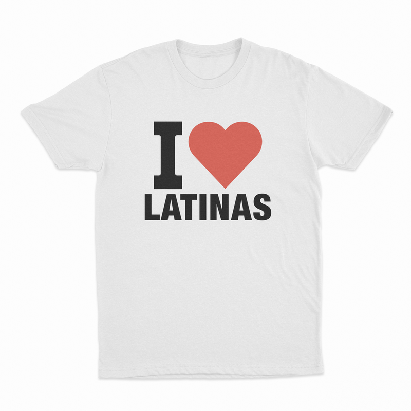 The I Heart Latinas T-Shirt is a white tee featuring a red heart and black text, made from ethically grown cotton. Show your style with this iconic shirt!.