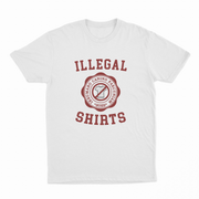 The Illegal Shirts Emblem T-Shirt features "ILLEGAL SHIRTS" in bold red, a round emblem with "ARMANDO CANINO PIEGQUINA 2022," and a shirt icon inside a red circle with a slash—ideal for fans of humorous tees.