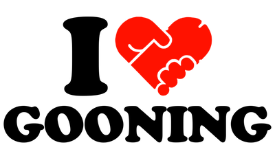 I love gooning text with a red heart and white outline on a white background