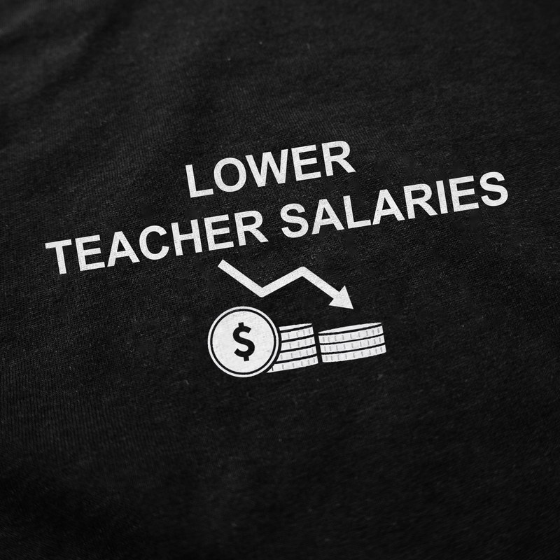 Featuring a black background with 'LOWER TEACHER SALARIES' above a downward arrow pointing to coins and a dollar sign, the Lower Teacher Salaries T-Shirt is a bold, funny shirt designed to spark conversation.
