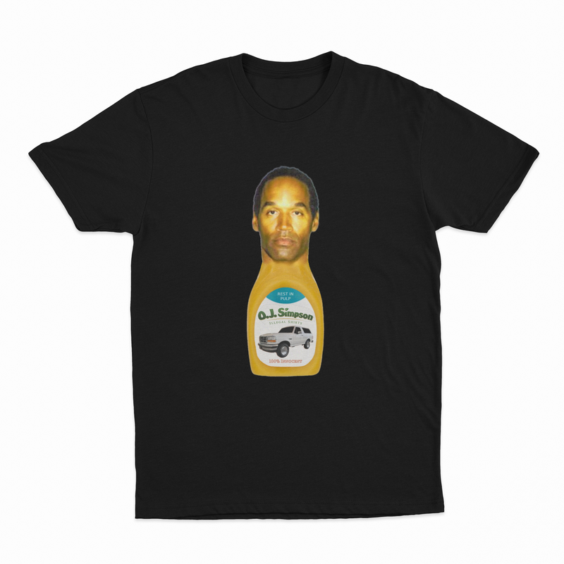 The O.J. Simpson T-Shirt is ethically made from 100% cotton and features a graphic of a bottle labeled "O.J. Simpson" with his face as the cap and a white Ford Bronco on the label.