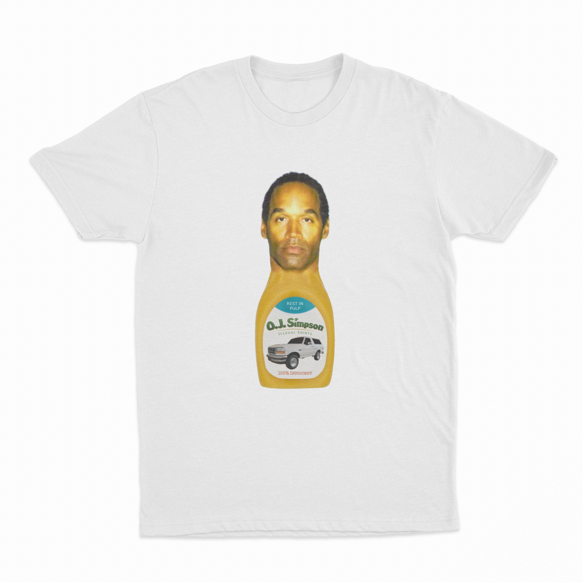 The O.J. Simpson T-Shirt, made from 100% cotton, features a salad dressing bottle with a man's face as the label and "O.J. Simpson" above a white car graphic.