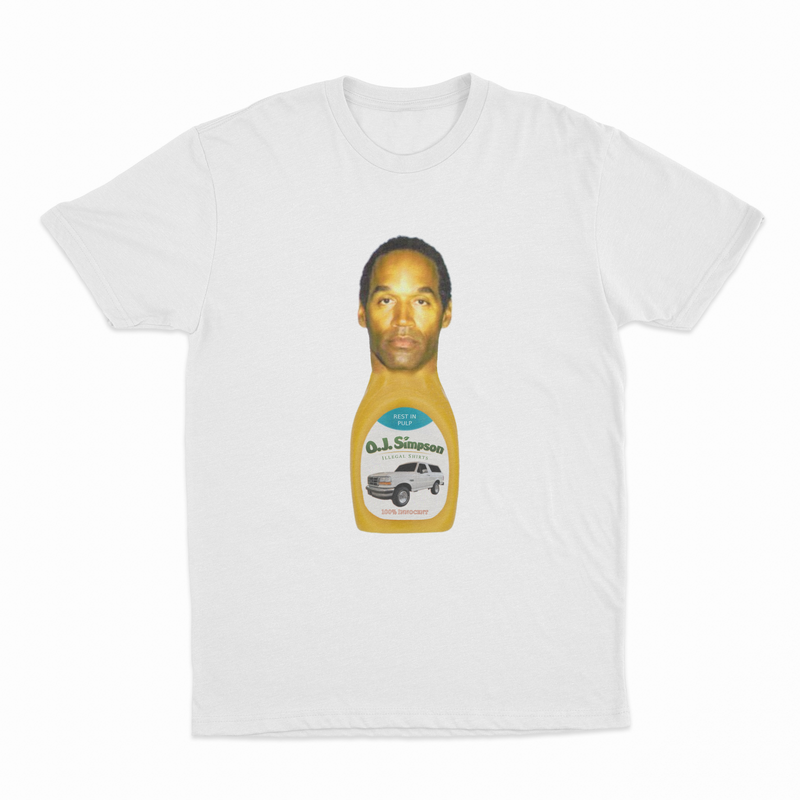 The O.J. Simpson T-Shirt, made from 100% cotton, features a salad dressing bottle with a man's face as the label and "O.J. Simpson" above a white car graphic.