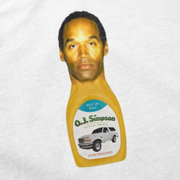 The O.J. Simpson T-Shirt features a digitally edited image of his face on a juice bottle with a white SUV and phrases like "Rest in Pulp," "Illegal Shirts," and "100% Innocent." Made ethically from 100% cotton.