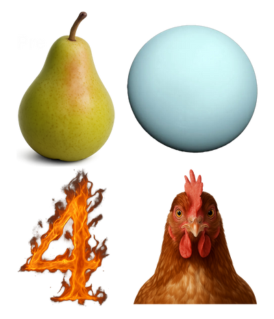 Pear, blue sphere, fiery number 4, and chicken on a white background