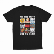 Black crew neck t-shirt with text and multiple rectangular cut-outs forming a collage on the front side, predominantly in white and red colors.