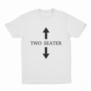 The Two Seater T-Shirt features "TWO SEATER" in black between a black up arrow above and down arrow below. Made from ethically grown cotton at 175 GSM for lasting comfort and durability.